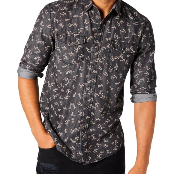 American Rag Men's Ditsy Floral Vine Shirt Black Size Large ‎ Pearl Snap - Picture 1 of 9